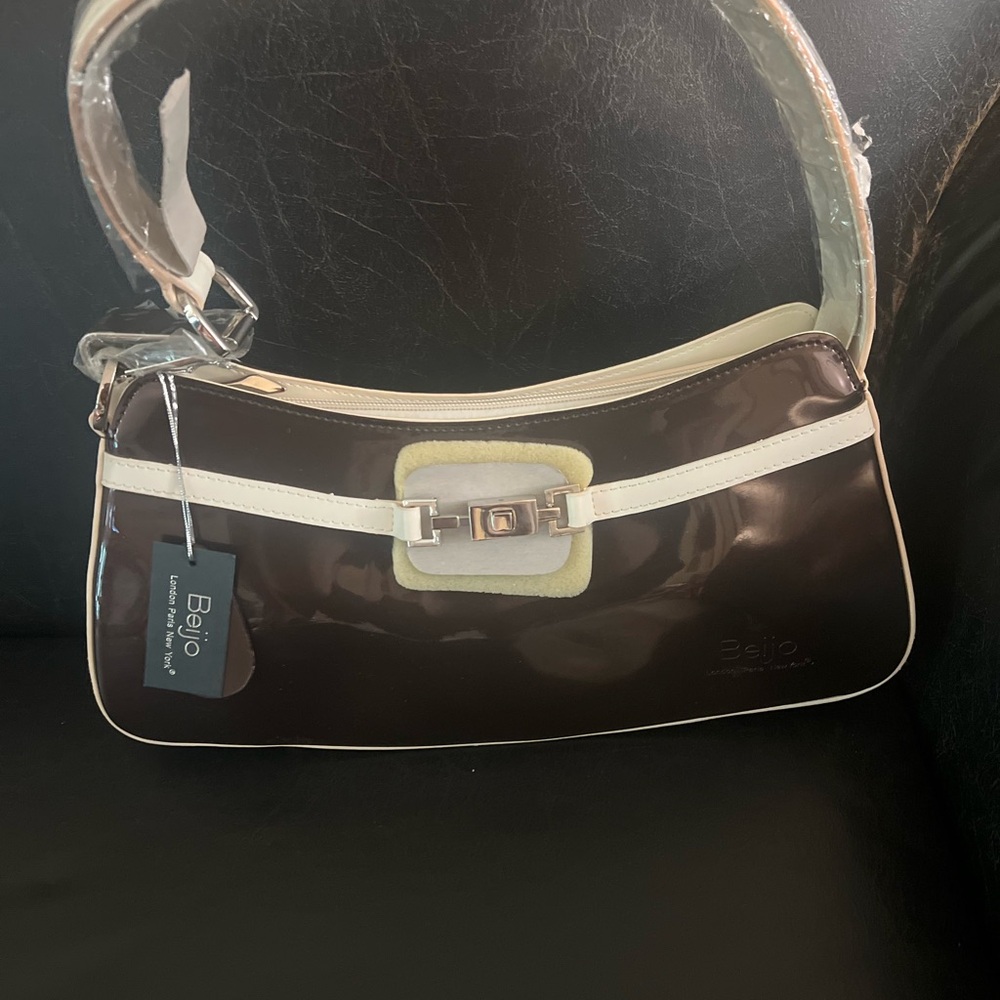 Brown and Cream Patent Shoulder Bag